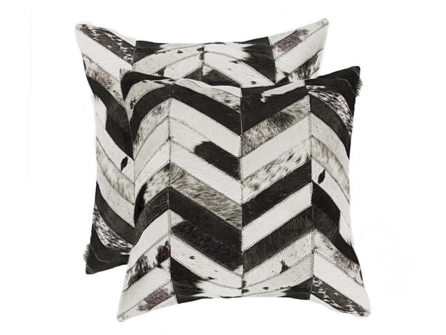 Set of Two 18" Black and Natural Chevron Cowhide Throw Pillows