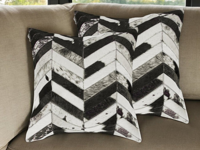 Set of Two 18" Black and Natural Chevron Cowhide Throw Pillows