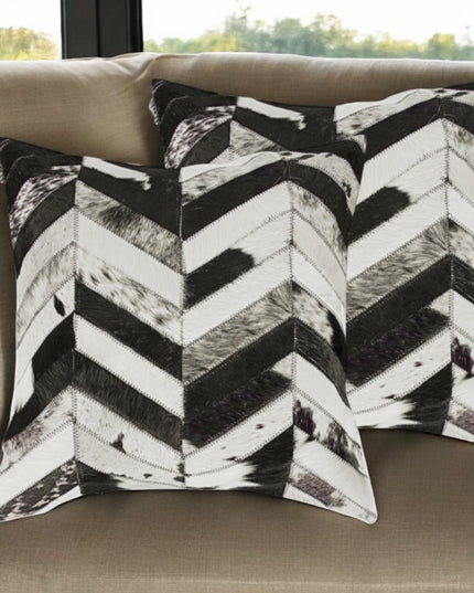 Set of Two 18" Black and Natural Chevron Cowhide Throw Pillows