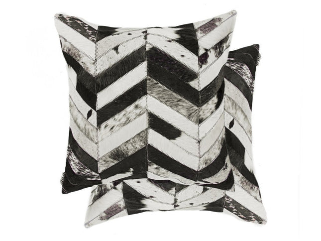 Set of Two 18" Black and Natural Chevron Cowhide Throw Pillows