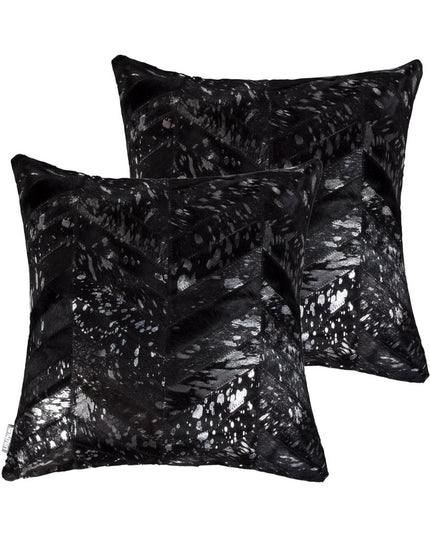 Set of Two 18" Black and Silver Chevron Cowhide Throw Pillows with Glitter
