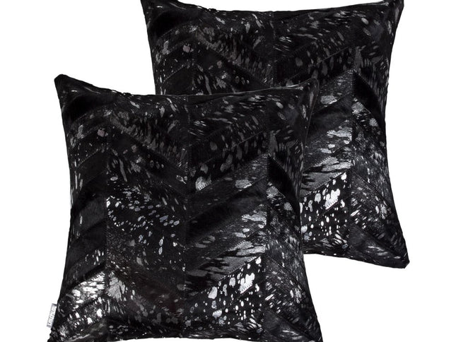 Set of Two 18" Black and Silver Chevron Cowhide Throw Pillows with Glitter