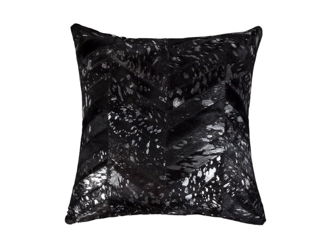 Set of Two 18" Black and Silver Chevron Cowhide Throw Pillows with Glitter