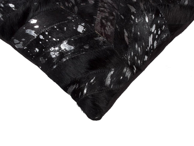 Set of Two 18" Black and Silver Chevron Cowhide Throw Pillows with Glitter