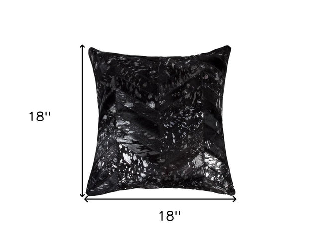 Set of Two 18" Black and Silver Chevron Cowhide Throw Pillows with Glitter