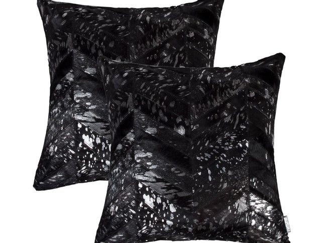 Set of Two 18" Black and Silver Chevron Cowhide Throw Pillows with Glitter