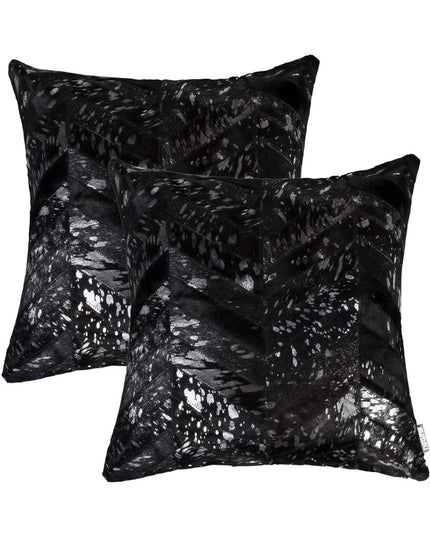 Set of Two 18" Black and Silver Chevron Cowhide Throw Pillows with Glitter