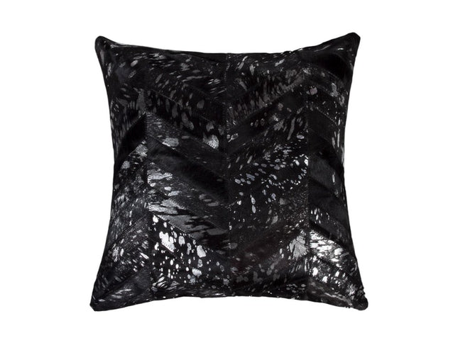 Set of Two 18" Black and Silver Chevron Cowhide Throw Pillows with Glitter