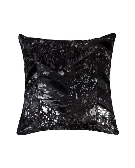 Set of Two 18" Black and Silver Chevron Cowhide Throw Pillows with Glitter
