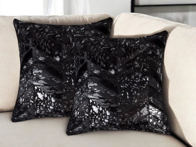 Set of Two 18" Black and Silver Chevron Cowhide Throw Pillows with Glitter