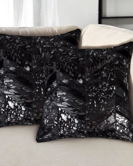 Set of Two 18" Black and Silver Chevron Cowhide Throw Pillows with Glitter