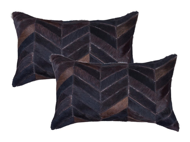 Set of Two 12" X 20" Chocolate Chevron Cowhide Lumbar Throw Pillows