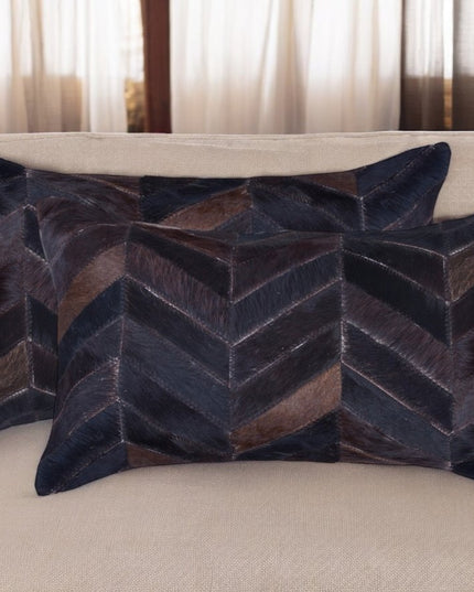 Set of Two 12" X 20" Chocolate Chevron Cowhide Lumbar Throw Pillows