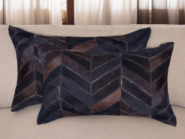 Set of Two 12" X 20" Chocolate Chevron Cowhide Lumbar Throw Pillows