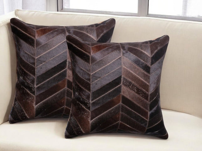 Set of Two 18" Chocolate Chevron Cowhide Throw Pillows