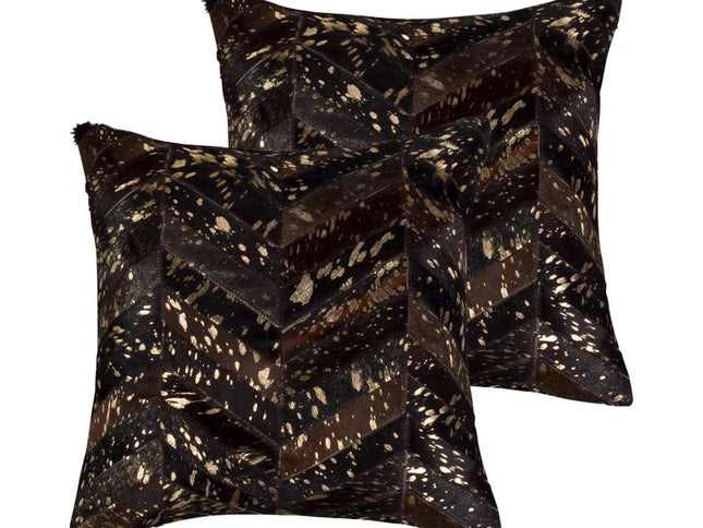 Set of Two 18" Chocolate and Gold Chevron Cowhide Throw Pillows with Glitter