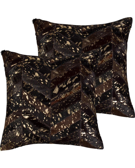Set of Two 18" Chocolate and Gold Chevron Cowhide Throw Pillows with Glitter