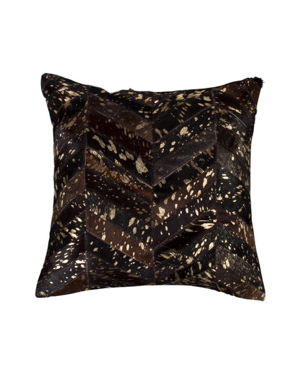 Set of Two 18" Chocolate and Gold Chevron Cowhide Throw Pillows with Glitter