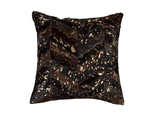 Set of Two 18" Chocolate and Gold Chevron Cowhide Throw Pillows with Glitter