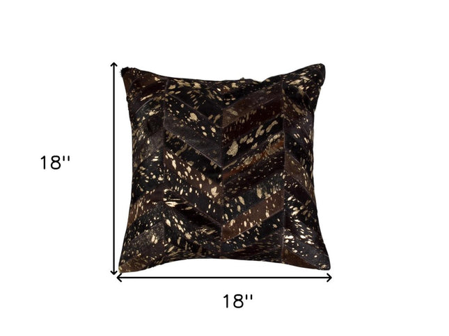 Set of Two 18" Chocolate and Gold Chevron Cowhide Throw Pillows with Glitter