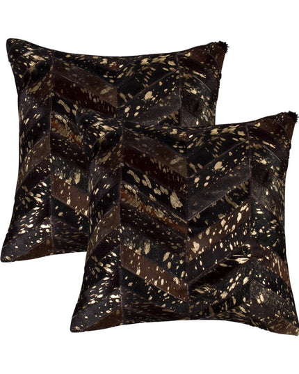 Set of Two 18" Chocolate and Gold Chevron Cowhide Throw Pillows with Glitter