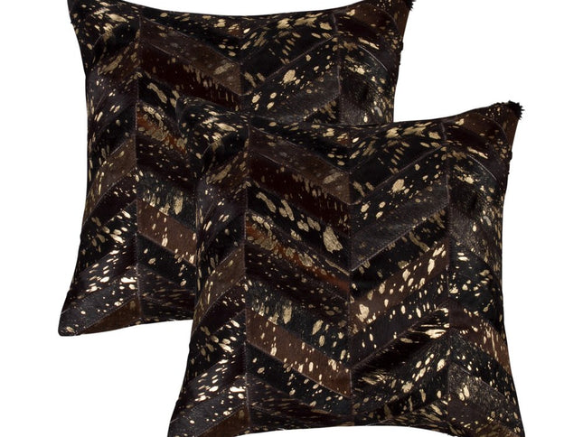 Set of Two 18" Chocolate and Gold Chevron Cowhide Throw Pillows with Glitter