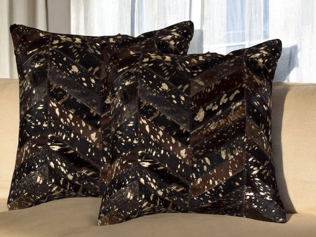 Set of Two 18" Chocolate and Gold Chevron Cowhide Throw Pillows with Glitter