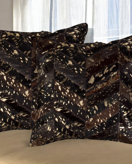 Set of Two 18" Chocolate and Gold Chevron Cowhide Throw Pillows with Glitter