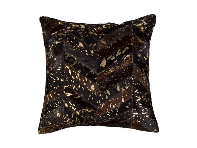 Set of Two 18" Chocolate and Gold Chevron Cowhide Throw Pillows with Glitter