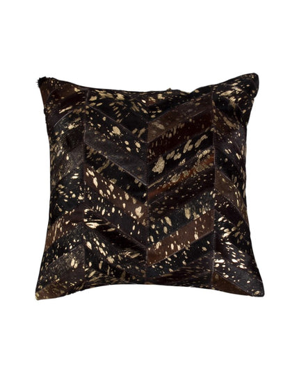 Set of Two 18" Chocolate and Gold Chevron Cowhide Throw Pillows with Glitter
