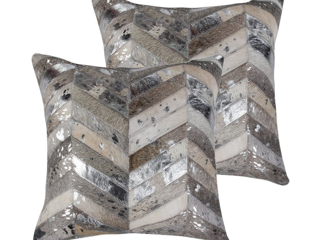 Set of Two 18" Gray Brown And Silver Chevron Cowhide Throw Pillows