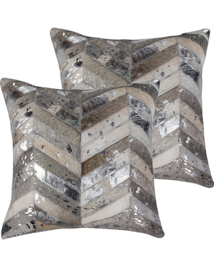 Set of Two 18" Gray Brown And Silver Chevron Cowhide Throw Pillows