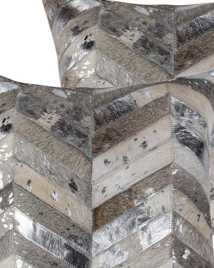Set of Two 18" Gray Brown And Silver Chevron Cowhide Throw Pillows
