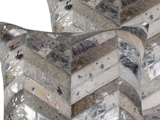 Set of Two 18" Gray Brown And Silver Chevron Cowhide Throw Pillows