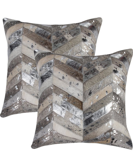 Set of Two 18" Gray Brown And Silver Chevron Cowhide Throw Pillows