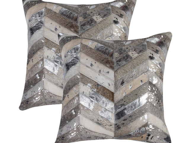 Set of Two 18" Gray Brown And Silver Chevron Cowhide Throw Pillows