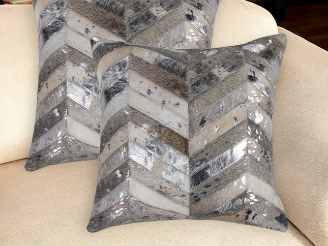 Set of Two 18" Gray Brown And Silver Chevron Cowhide Throw Pillows