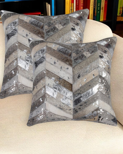 Set of Two 18" Gray Brown And Silver Chevron Cowhide Throw Pillows