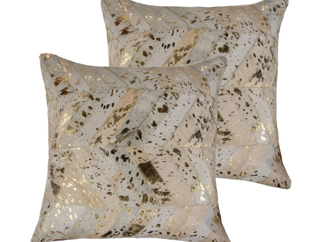Set of Two 18" Natural and Gold Chevron Cowhide Throw Pillows with Glitter