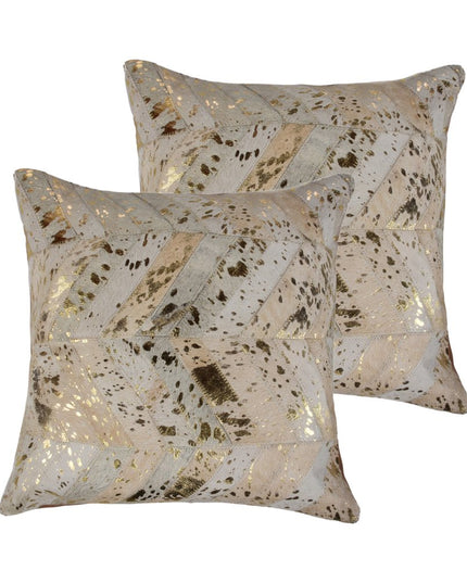 Set of Two 18" Natural and Gold Chevron Cowhide Throw Pillows with Glitter