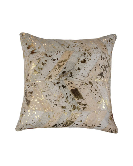 Set of Two 18" Natural and Gold Chevron Cowhide Throw Pillows with Glitter