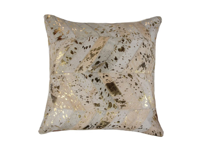 Set of Two 18" Natural and Gold Chevron Cowhide Throw Pillows with Glitter