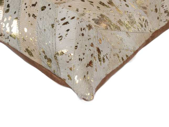 Set of Two 18" Natural and Gold Chevron Cowhide Throw Pillows with Glitter