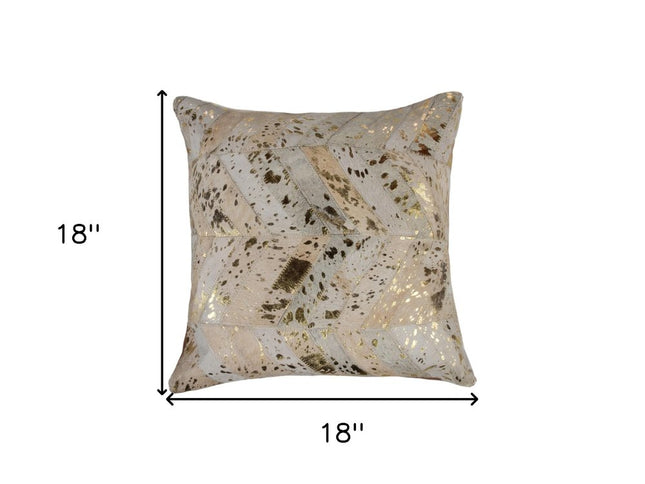 Set of Two 18" Natural and Gold Chevron Cowhide Throw Pillows with Glitter