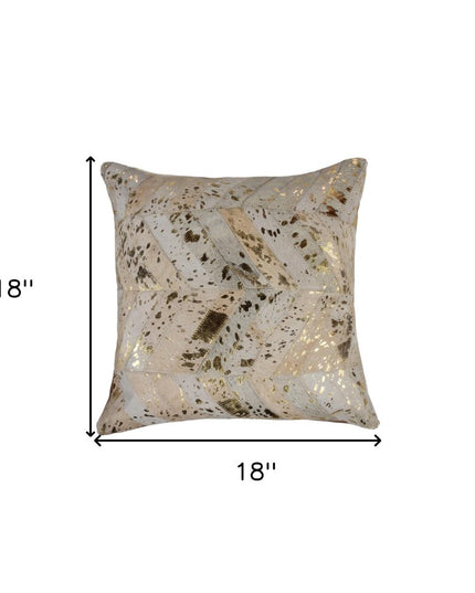 Set of Two 18" Natural and Gold Chevron Cowhide Throw Pillows with Glitter