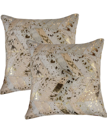 Set of Two 18" Natural and Gold Chevron Cowhide Throw Pillows with Glitter
