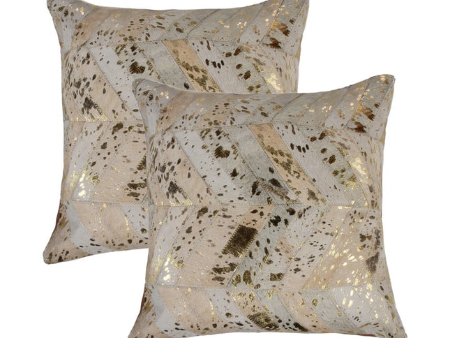 Set of Two 18" Natural and Gold Chevron Cowhide Throw Pillows with Glitter