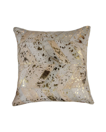 Set of Two 18" Natural and Gold Chevron Cowhide Throw Pillows with Glitter