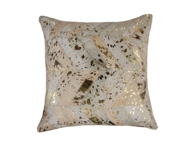 Set of Two 18" Natural and Gold Chevron Cowhide Throw Pillows with Glitter