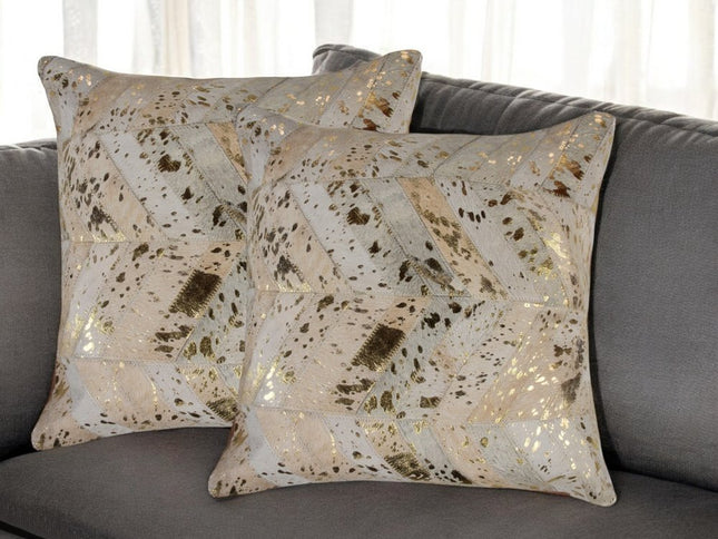 Set of Two 18" Natural and Gold Chevron Cowhide Throw Pillows with Glitter